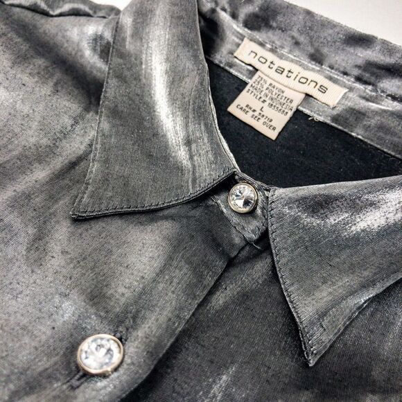 Silver Mercury Button Down Blouse Diamond Buttons Sz L - Picture 7 of 7